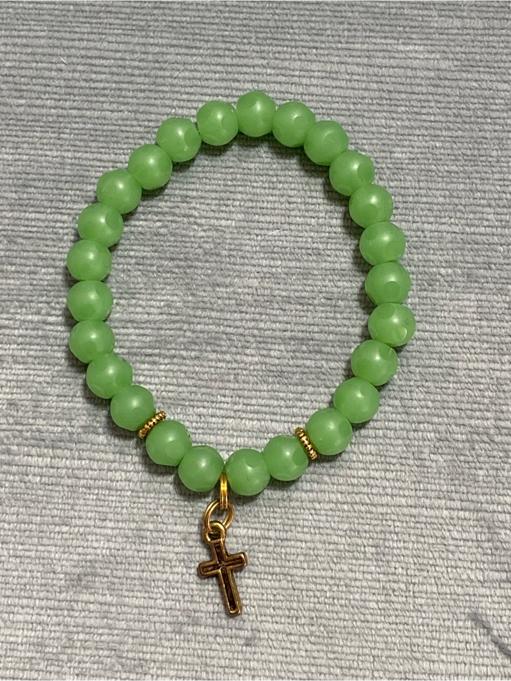 Green Beaded Stretch Bracelet with Gold Cross Charm